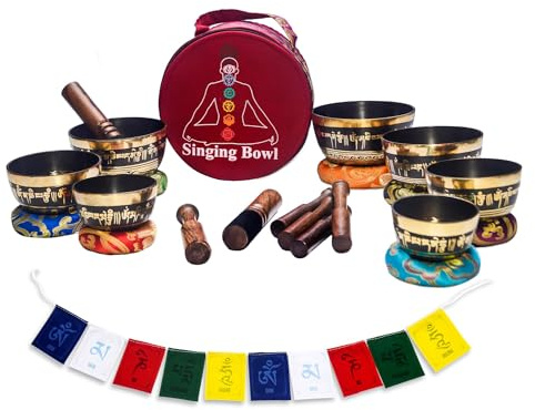 KHUSI Tibetan Singing Bowl Set of 7, Thadobati, Handcrafted, Mantra Engraved Singing Bowl for Yoga, Chakra healing, Relaxation, Stress Relief, Comes w/silk cushions, 7 sticks, Brocade Box