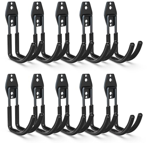 3-H Garagenhaken Set 10Stück,J förmige Wandhaken für 35kg Tragkraft,Schwarz | Schwerlast Doppelhaken mit 3 runden Schweißpunkten, geeignet für 13/19mm Gartenschlauch Rundgriff Werkzeuge Besen & Kabel