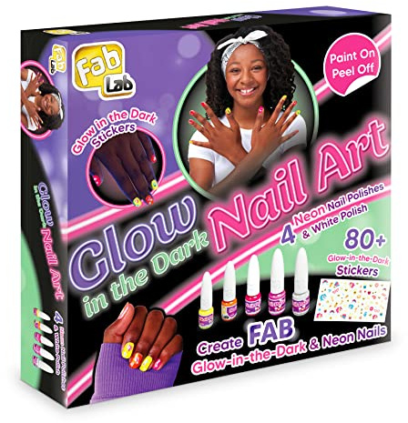 FabLab Glow In The Dark Nail Art Kit | Create FAB Neon Nail Art! | Includes 5 Nail Varnish Colours and 80+ Nail Stickers | Girls Gifts For Ages 8+