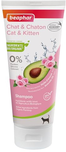 BEAPHAR - ekologiskt certifierat schampo för katter och kattungar - innehåller aloe vera, avokadoolja och ekologisk ros - pH-neutral - parabenfri, silikon, färgämnen och alkoholfri - 200 ml