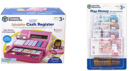 Learning Resources Pretend & Play Calculator Cash Register Pink Cash Register Toy for Kids, Pretend Play Toy Till, Ages 3+ (Amazon Exclusive) & Play Money UK Assortment
