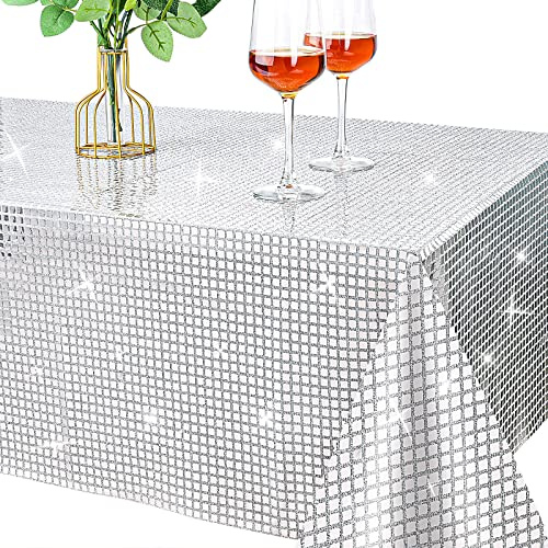 Datyiiha 54 x 108 Inches Disco Party Tablecloth Mirror Silver Foil Table Cloth Glitter Metallic Tablecover Sparkle Table Runner for 70s 80s Disco Dance Party Wedding Home Decorations