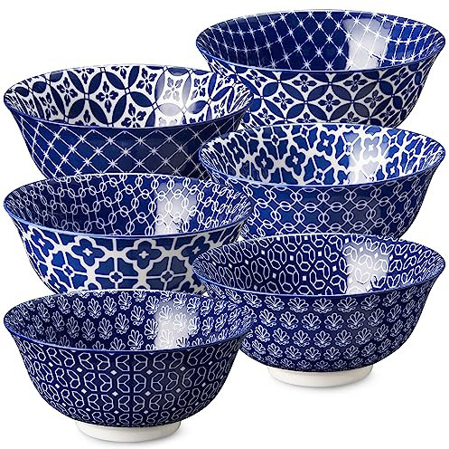 DOWAN Müslischale 680ml, Φ15,2 cm Ensemble de Bols en Céramique, Bols à Snacks Décoration Vintage Bleu et Blanc, Lot de 6
