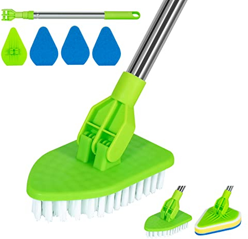 Shower Bathtub Tub & Tile Scrubber Cleaning Brush with Long Handle 117 CM - 2 in 1 Scrub Brush Extendable Floor Brush with 3 Sponge & 1 Stiff Bristles Brush for Bathroom Toilet Kitchen Wall (Green)