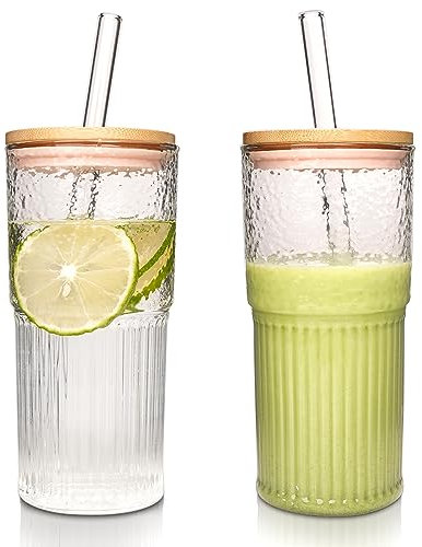 ANOTION Tasses en verre – Tasses à café glacé de 650 ml – Tasse à café glacé réutilisable – Gobelet à smoothie – Verres à eau nervurés – Pour le travail à la maison – Tasse à café de voyage – Ensemble