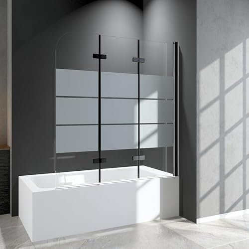Duschabtrennung für Badewanne 3-teilig 130x140cm Schwarz Duschwand, Faltbar Gestreift Glas Badewannenaufsatz Duschwand aus 6mm ESG Sicherheitsglas, Badewannenfaltwand für Badewanne