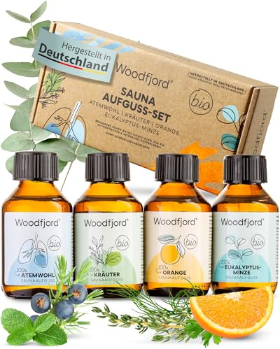 WOODFJORD Saunaaufguss Set BIO Harmonie, 4 verschiedene Saunadüfte und -Öle | je 100 ml, Premium Sauna Aufgussmittel Set für authentische Saunaerlebnisse, Das perfekte Saunaduft Probierset