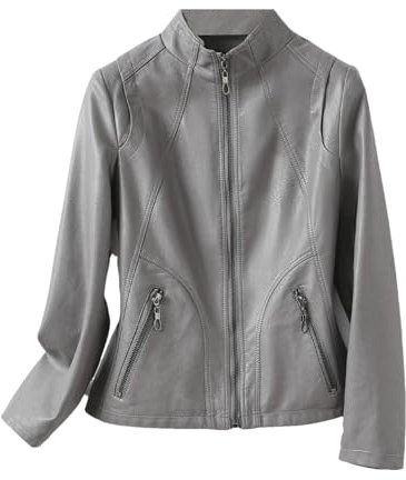 Stehkragen Kurze Lederjacke Für Frauen Frühling Herbst Slim Zipper Echte Schaffell Jacke Mantel, grau, 50
