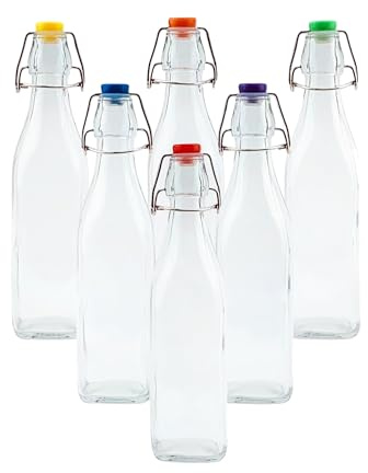 simpa Vintage Style Clear Glass Bottles with Assorted Colour Swing Top Lids. Square 500ml Bottles - Set of 6