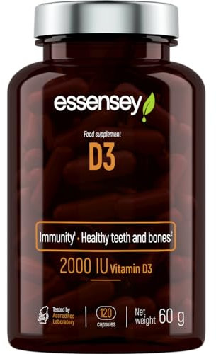 Essensey Vitamin D3 - Dietary Supplement - 2000 IU - Immune System Support, Bone Health, Muscle Function, High Potency D3 for Year-Round Well-Being - 120 Easy-to-Swallow Vegetarian Capsules