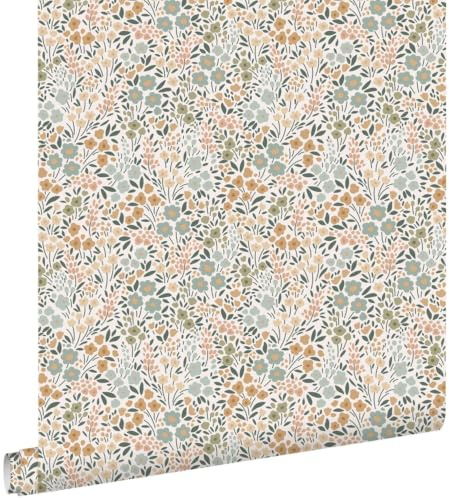 papier peint fleurs bleu grisâtre, rose terracotta et vert 53 cm x 10.05 m - ESTAhome