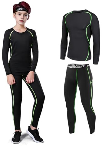 Shengxi Ropa Interior Térmica para Niños, Transpirable Deportes Conjuntos Térmicos Ropa Interior Funcional Termo Unisexo Ciclismo Futbolístico Deportes de Manga Larga (Verde, 24/115-125 cm)