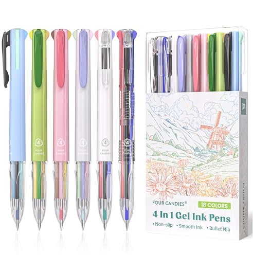 Fyra godis, 6 st flerfärgade pennor, 0,5 mm färgade gelpennor, 4-i-1 flerfärgade gelbläckpennor, 18 färger infällbart bläck för kontor, skola och tillbaka till skolmaterial