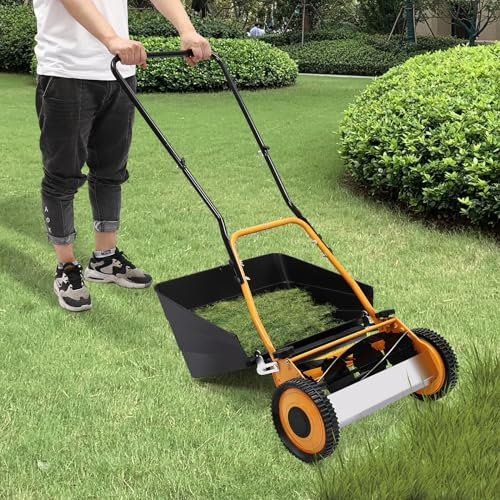 Mermajestic 2-in-1 Hand Push Lawnmower,Manual Lawn-Mower with 40cm Cutting Width, Freestanding Walk-Behind Lawn Mower For Small Gardens with 2 Wheels,1 Grass Box and 4 5-edged blades,Adjustable Height