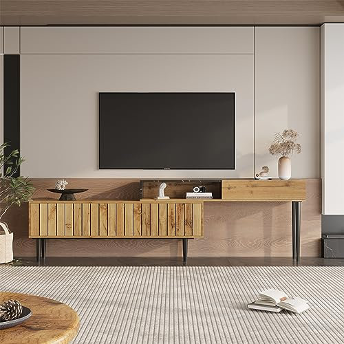 Moderner Tv schrank, Medienschrank Mit Schubladen, Marmor Und Offenem Stauraum, Sideboard Mit Dunklem Holzfinish Und Eisenbeinen Für Das Wohnzimmer