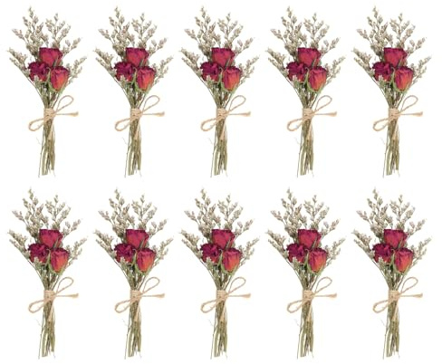 PATIKIL Mazzo di Fiori Secchi Mini, 10pz Rosa Fiore Selvatico Naturale con Stelo Decorazione Gisofila Boho Pianta Floreale per Artigianato Fai da Te Regalo Decorazione Matrimonio, Rosso