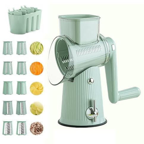 NTDMSFWM 5 In 1 Cheese Grater 5 In 1 Rotary Vegetable Slicer Cheese Grater Hand Crank Multifunction Rotary Cheese Grater With 5 Group Blades(Green)