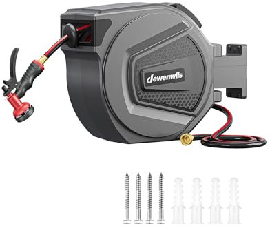 DEWENWILS Retractable Garden Hose Reel, 1/2 Wall Mount Hose Reel, 8-Pattern Nozzles, Any Length Lock, 180° Swivel Bracket, Weatherproof Water Hose Reel for Outdoor Watering, Dark Gray + Black (100ft)