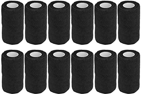 Selbstklebende Bandage, 12 Stück, elastische Bandage aus Latex, Vliesstoff, für Kühe, Hunde, Pferde, 10 cm (Schwarz)