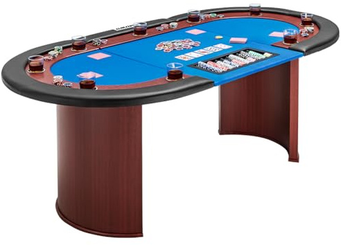 MUWO pokerbord för 10 spelare med dealerområde och avtagbart chipfack (500 chips), mugghållare av rostfritt stål, vadderat armstöd och filtyta (blå)