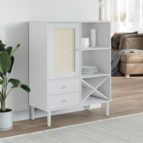 WKIEQACO Schränke & Aufbewahrung, Buffets & Sideboards, Highboard SENJA Rattan-Optik, Weiß, 90 x 40 x 112 cm, Massivholz, Kiefer