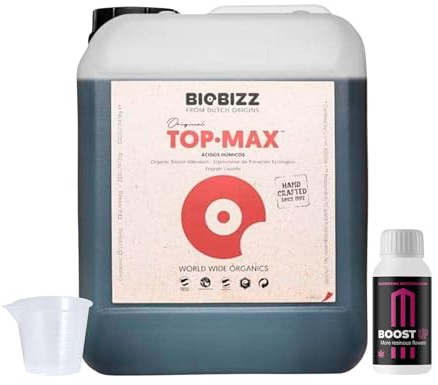 GROWMANIA Top Max de BioBizz 5 l + échantillon Boost Up Nutrients + Verre doseur | Solution biologique pour floraison extensive | Idéal pour les grands jardins et vergers