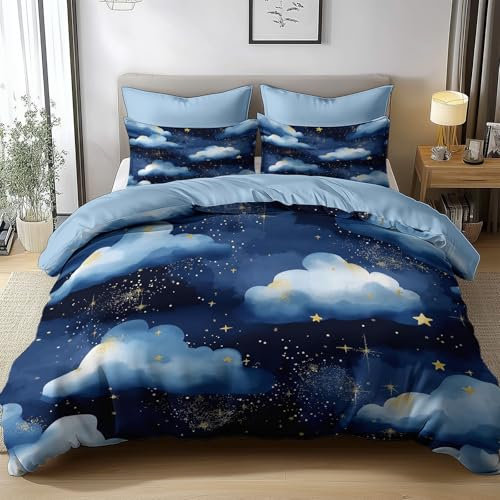 Generisch Aquarellstil Mitternacht Wolken Sterne 3D Druck Bettbezug Wende Bettwäsche Set 135x200cm Mikrofaser Bettwäsche 3 Teilig Mit Kissenbezug Mit Reißverschluss Kinder Erwachsener Bettdeckenbezug