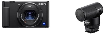 Sony ZV-1 Premium Kompaktkamera (1 Sensor, 24-70mm F1.8-2.8, 4K Video, Augen-Autofokus, neigbares Display, für Fotos und Videos) + Mikrofon