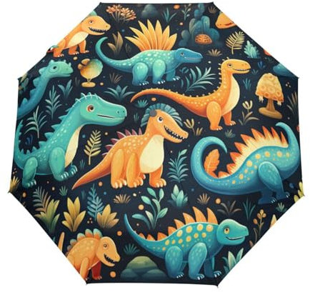 DDDIYEU Dinosaurier-Cartoon-Welt Regenschirm Taschenschirm Auf-Zu Automatik Schirme Leicht UV-Schutz für Reise Jungen Mädchen Strand