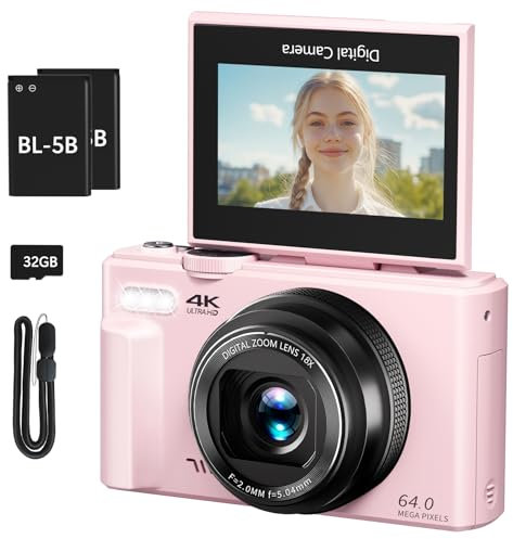 4K digitalkamera för fotografi och vlogg med 64 MP, 3 tum 180° flippskärm, 18 x digital zoom och 32 GB Micro SD-kort (rosa, fotografi Camara)