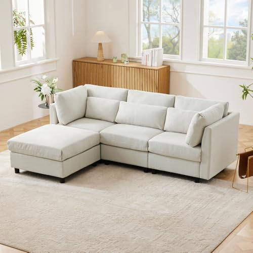 Zubaliya - Sofá de esquina convertible, sofá convertible de 3 plazas, sofá de 3 plazas, relax de salón, con reposapiés, en L (beige + lino + 3 seat)