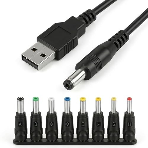 5V USB to DC Power Cable, 1M Universal USB to DC Power Chager Cord, 5.5 x 2.1mm Plug Adapter with 8 Connector Tips (3.5x1.35, 4.0x1.7, 4.7x1.7, 5.5x1.7, 5.5x2.1, 5.5x2.5, 6.2x3.0, 6.3x4.0mm) (Black)