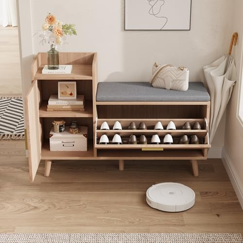 DAHUEN Skoskåp med sittbänk, skobänk med sits, skoförvaring med förvaringsutrymme, skohylla, skohylla för ingången, hallen, vardagsrummet eller verandan (träfärg)