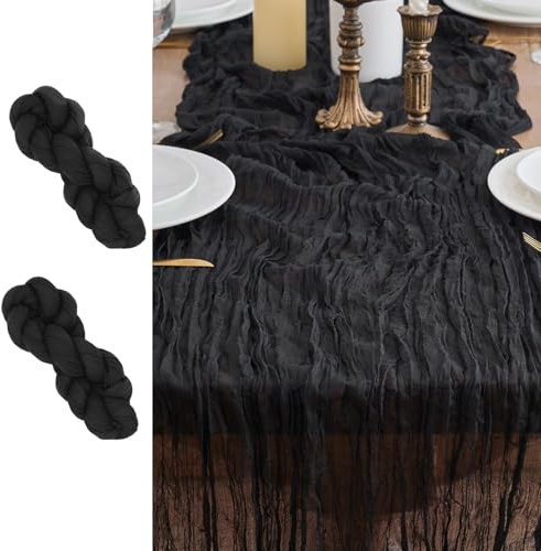 LUKDUNG 2 Stück Tischläufer, Seihtuch Tischläufer, Boho Gaze Stoff Käsetuch, Rustikaler Tischdecke für Hochzeitsdeko Tischdeko, 90 x 300 cm (Schwarz, 90 x 300 cm, 2 Stück)