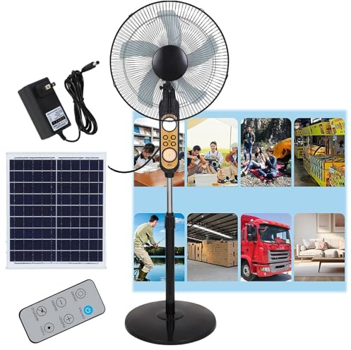 Ventilatore da pavimento, ventilatore portatile da esterno solare da 17'' con pannello solare/telecomando, ventilatori da campeggio, ventilatore a piantana oscillante, altezza regolabile ada