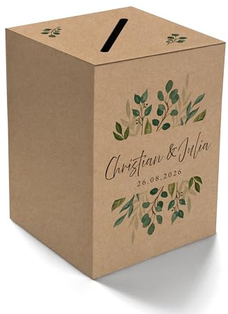 Ausgewählt verpackt Kartenbox Hochzeit selbst gestalten – Geschenkbox mit Namen des Brautpaares, Datum – Hochzeitsbox für Geldgeschenke – Briefbox, Geldbox am Geburtstag (Motiv-1, braun)