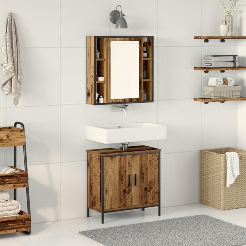 Qnhdfrt Set di 2 mobili da bagno a parete, design rustico, marrone, rettangolare, con specchio, in legno anticato per un uso ottimale dello spazio, look vintage