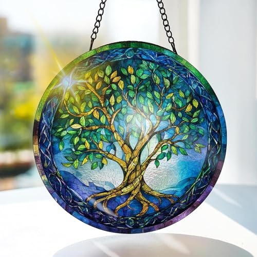 Bimkole Livets TrädFönsterhänge I Målat Glas Med Solfångare -Löv Hängande Fönsterdekoration - för Trädgård, Fönster och Dörr, Jul, Handgjord Suncatcher Dekor 20x20 cm