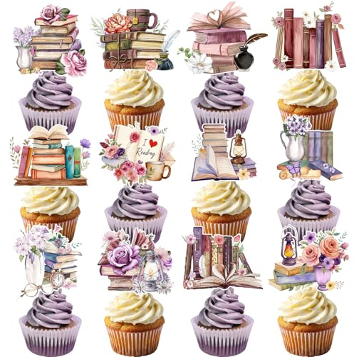 48 PCS Book Cupcake Toppers, Book Themed Party Decorations Library Book Club Cake Toppers Cake Decorations for Reading Vintage Books Birthday Party Decorations Supplies