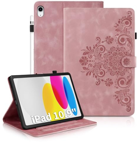 Auslbin Fiore Tab Fodral för iPad 11 Generation A16 11 Tum 2025/iPad 10 Generation 10,9 tum 2022 Retro Skyddshölje Präglingsfodral Magnetisk Spänne Design Stativfunktion, Rosa