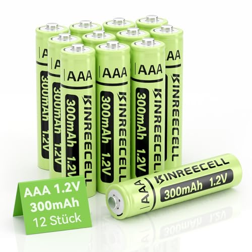 KINREECELL Wiederaufladbare AAA-Batterien, NI-MH-Triple-A-Solarbatterien mit echter Kapazität, 1.2 V vorgeladen für Solarleuchten, Lichterketten, Solar-Wegeleuchten (AAA-300 mAh, 12 Stück)