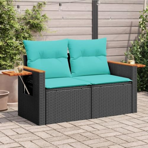 Mandloder Gartensofa mit Kissen 2-Sitzer Schwarz Poly Rattan, wetterfestes Outdoor Möbel Set mit klappbarem Beistelltisch, UV-beständig, 124x62x69 cm