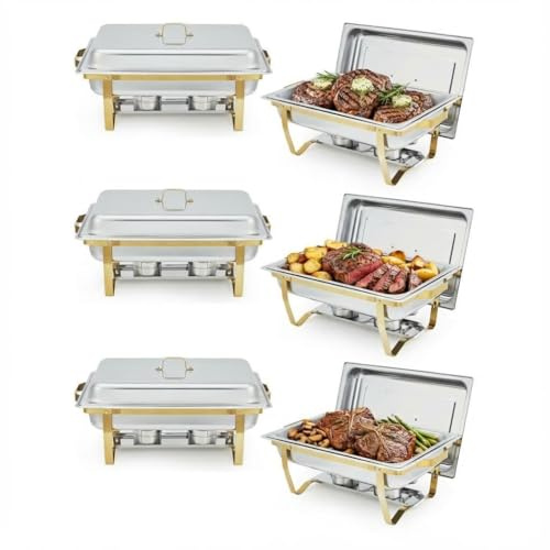 LinTimes 6PCS Half Gold Chafing Dish Buffet Set, 8-Litre Heavy Duty Stainless Steel Food Warmer Buffet Server with Mirror Finish, Rectangular Bain Marie for Catering & Weddings