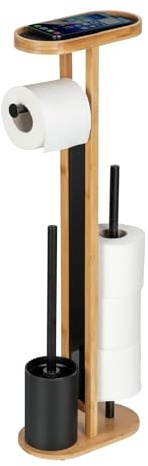 WENKO Bambus Stand WC-Garnitur Mod. Orea mit schwarzem Trennglas, WC Bürste, Toilettenpapierhalter, Ersatzrollenhalter für bis zu 4 Rollen und Smartphone-Ablage, stehend, ohne Bohren, Natur