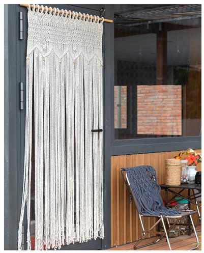 Equeen Handicraft Macrame Door Curtain for Doorways 70x39 Inches, Boho Net Fly Screen Curtain for Summer, Handmade String Room Divider for Bedroom Living Room, Patio Doorway Decor, Beige