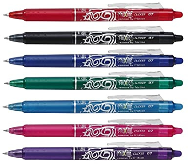 7 x Pilot Frixion Clicker 0,7 mm BLRT-FR7 – radierbarer einziehbarer Rollerball, 1 von jeder Farbe – Rot, Hellblau, Dunkelblau, Grün, Rosa, Violett und Schwarz
