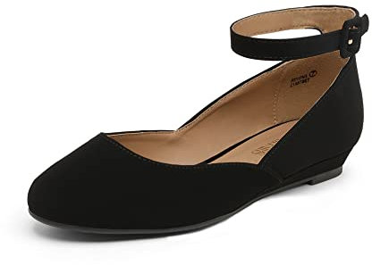 DREAM PAIRS Women's Ballet Flats Pumps Ballerina Ankle Strap Elastic Low Wedge Sandals Round Toe Comfy Dolly Shoes,Size 5,Black/Nubuck,REVONA