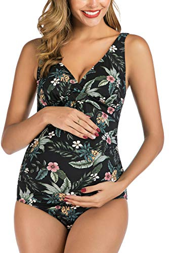 EastElegant Blommiga baddräkter för gravida, baddräkter, V-ringad, graviditet, badkläder bikini，Svart，XL