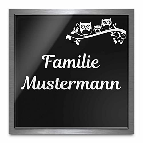 Premium Türschild aus Hochglanz Acrylglas und V2A Edelstahl | Namensschilder mit Gravur und Motiven Familienschild Türschilder für die Haustür mit Namen selbstklebend oder mit Bolzen 22x22 cm