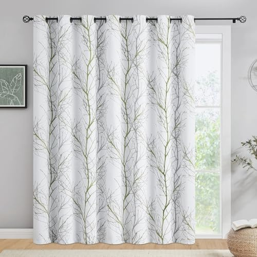 FMFUNCTEX 100% Blackout Patio Sliding Glass Door Curtains 84 Inch Long for Bedroom, Green Grey on White Tree Branch Patterned Drapes for Living Room Divider, Extra Wide Thermal Insulated Panels